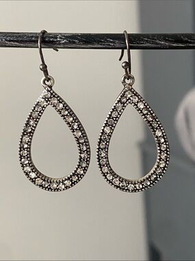 Modern Silver Teardrop Crystal Pave Style Marcasite Drop Earrings 1.5"